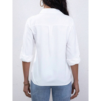 Moteriški marškiniai su sagomis - lininis audinys, keturių krypčių elastumas, platus išsiskleidęs apykaklė, 3/4 rankovės, siauras kirpimas