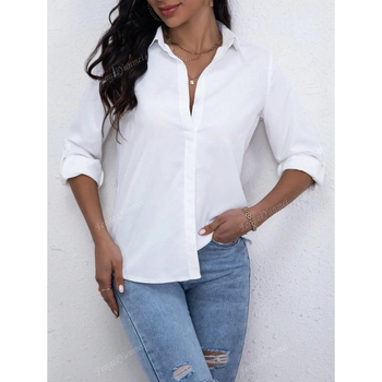 Moteriški marškiniai su sagomis - lininis audinys, keturių krypčių elastumas, platus išsiskleidęs apykaklė, 3/4 rankovės, siauras kirpimas