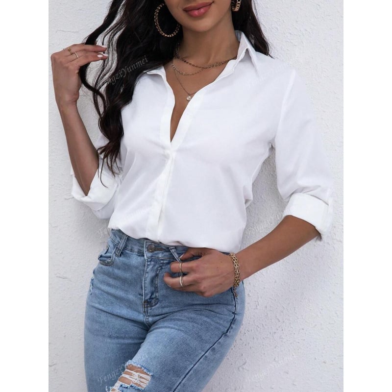 Moteriški marškiniai su sagomis - lininis audinys, keturių krypčių elastumas, platus išsiskleidęs apykaklė, 3/4 rankovės, siauras kirpimas