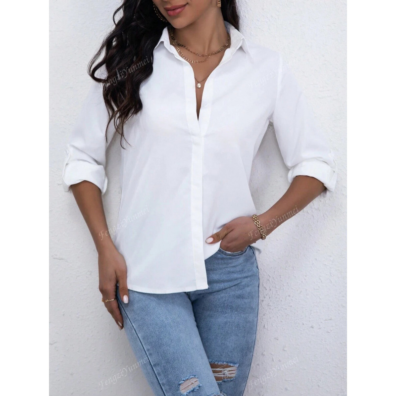 Moteriški marškiniai su sagomis - lininis audinys, keturių krypčių elastumas, platus išsiskleidęs apykaklė, 3/4 rankovės, siauras kirpimas