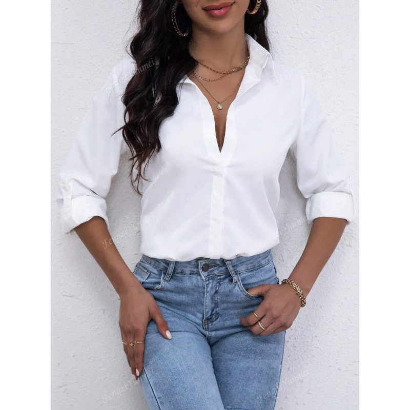 Moteriški marškiniai su sagomis - lininis audinys, keturių krypčių elastumas, platus išsiskleidęs apykaklė, 3/4 rankovės, siauras kirpimas