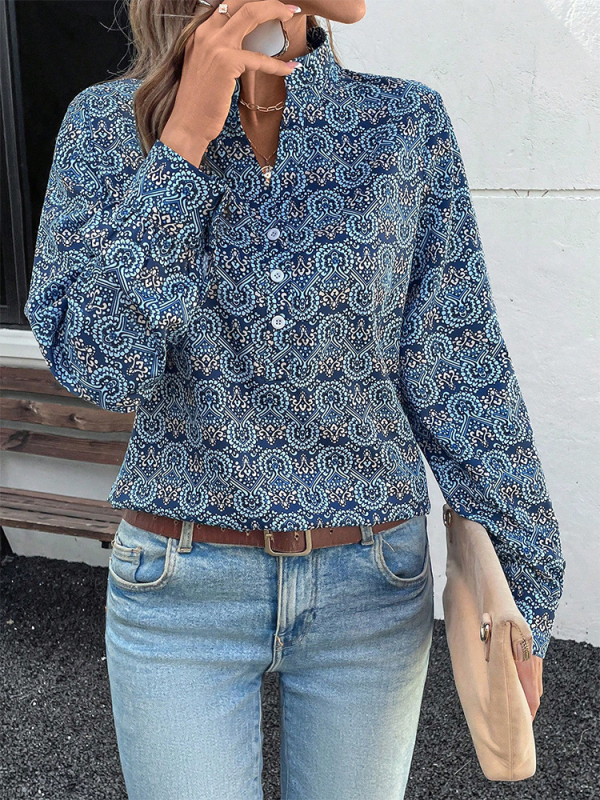 Krekli ar garām piedurknēm, drukāts poliesteris, brīvās piegrieznes, stāvošais apkaklis