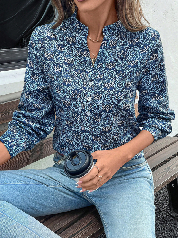 Krekli ar garām piedurknēm, drukāts poliesteris, brīvās piegrieznes, stāvošais apkaklis