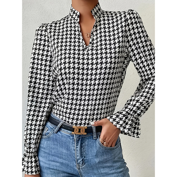 Sieviešu krekli ar V-formas kaklu, garas piedurknes, druka, poliesteris 95%+, četrvirzienu elastība