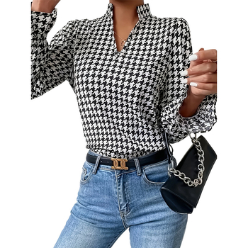 Sieviešu krekli ar V-formas kaklu, garas piedurknes, druka, poliesteris 95%+, četrvirzienu elastība