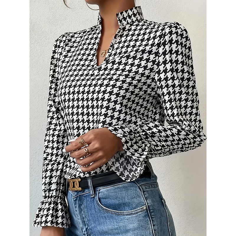 Sieviešu krekli ar V-formas kaklu, garas piedurknes, druka, poliesteris 95%+, četrvirzienu elastība