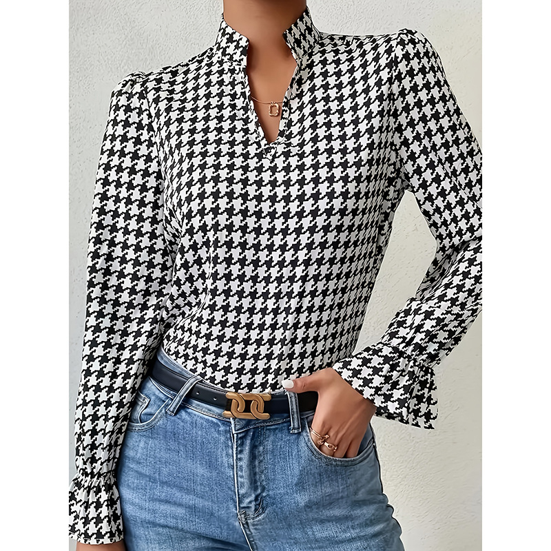 Sieviešu krekli ar V-formas kaklu, garas piedurknes, druka, poliesteris 95%+, četrvirzienu elastība