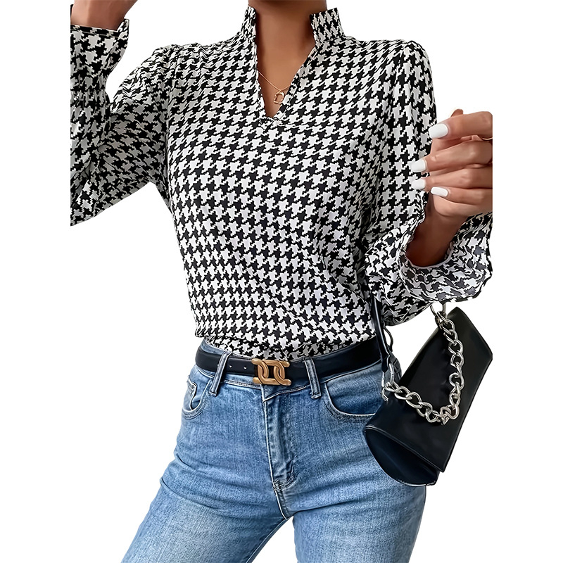 Sieviešu krekli ar V-formas kaklu, garas piedurknes, druka, poliesteris 95%+, četrvirzienu elastība