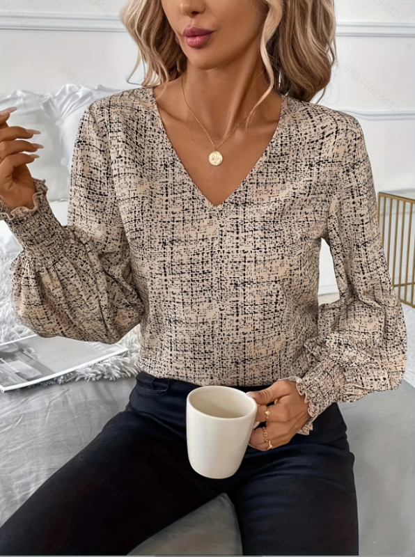 Ziedu raksts ar V-veida kaklu, garas piedurknes, poliesteris ar zīda-pamatu maisījumu, 90–95% poliesteris, ziemas 2024, izsmalcināts pilsētas stils