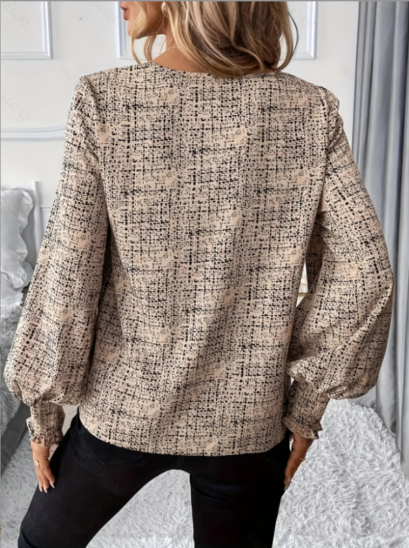 Ziedu raksts ar V-veida kaklu, garas piedurknes, poliesteris ar zīda-pamatu maisījumu, 90–95% poliesteris, ziemas 2024, izsmalcināts pilsētas stils