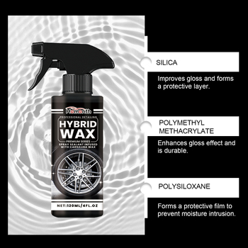 Spray za sjaj guma za čišćenje i poliranje kotača; glavne sastojke: deionizirana voda, silicij dioksid, PMMA, polisiloksan, brazilski palmin vosak; rok trajanja: 3 godine; autorizirane privatne marke: Da