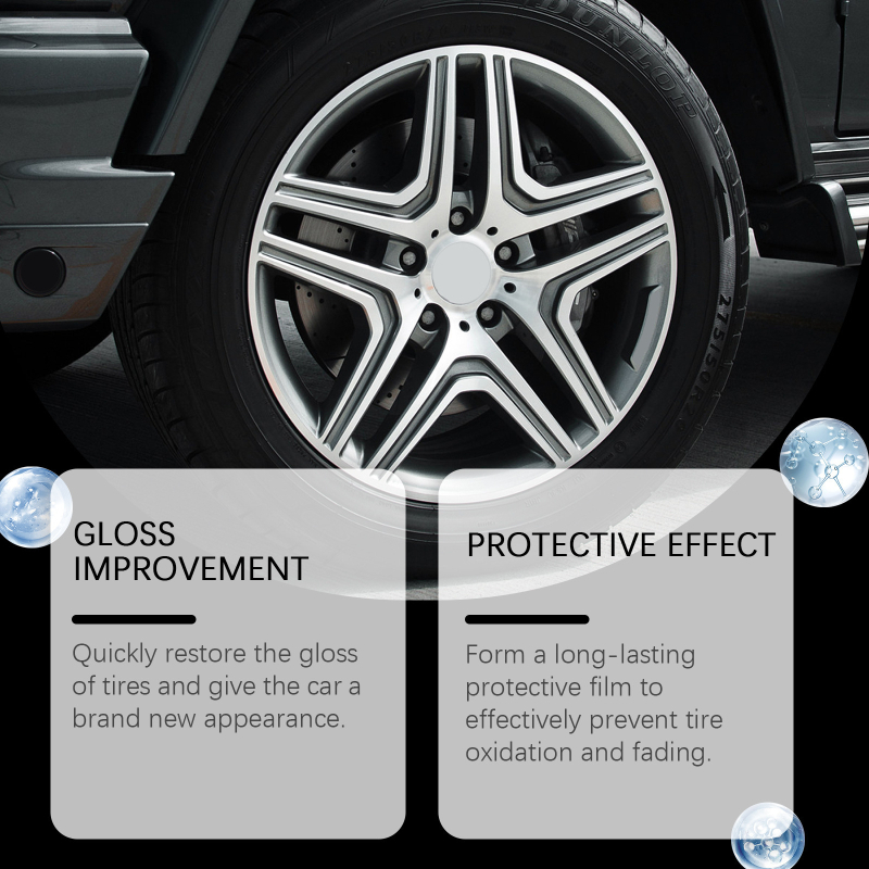 Spray za sjaj guma za čišćenje i poliranje kotača; glavne sastojke: deionizirana voda, silicij dioksid, PMMA, polisiloksan, brazilski palmin vosak; rok trajanja: 3 godine; autorizirane privatne marke: Da