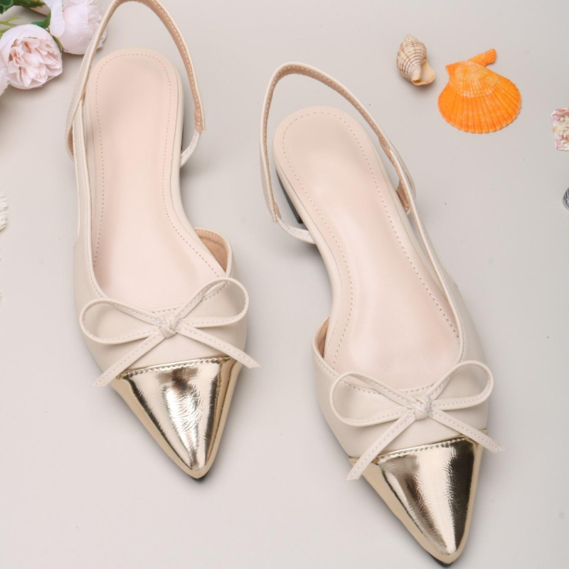 Sieviešu sandales ar atvērtu aizmuguri, smailu purnu, PU augšpuse, PU zole, plakanais papēdis