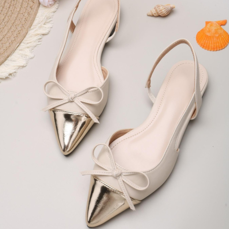 Sieviešu sandales ar atvērtu aizmuguri, smailu purnu, PU augšpuse, PU zole, plakanais papēdis