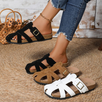 Sandale casual pentru femei cu decupaj, cataramă de curea, partea superioară din piele artificială, talpă din cauciuc, toc plat