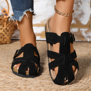 Sandale casual pentru femei cu decupaj, cataramă de curea, partea superioară din piele artificială, talpă din cauciuc, toc plat