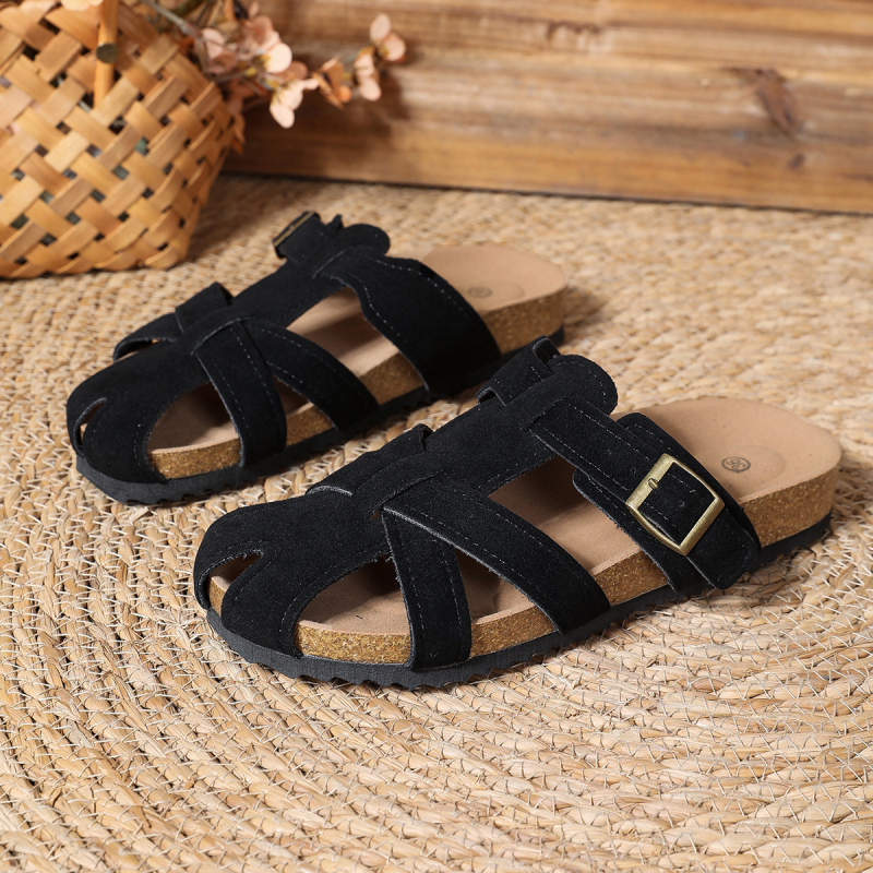 Sandale casual pentru femei cu decupaj, cataramă de curea, partea superioară din piele artificială, talpă din cauciuc, toc plat