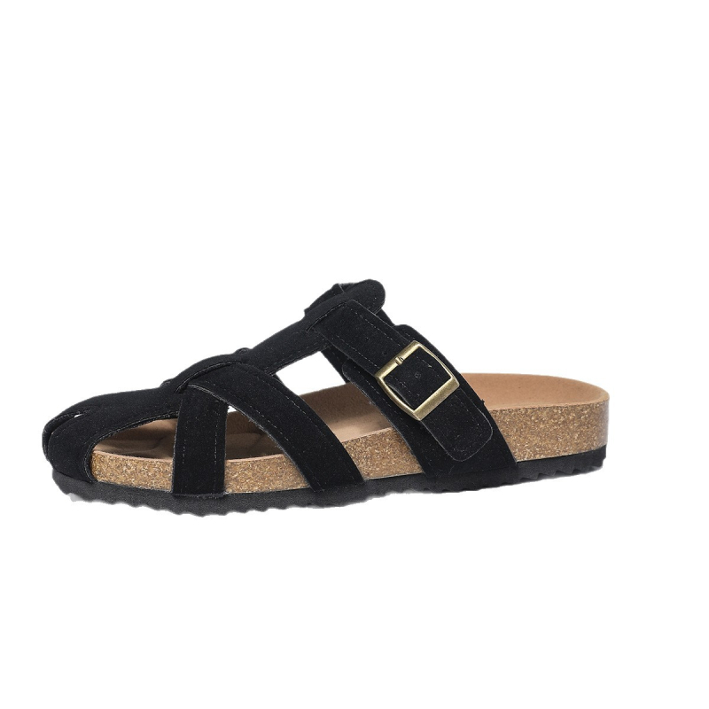 Sandale casual pentru femei cu decupaj, cataramă de curea, partea superioară din piele artificială, talpă din cauciuc, toc plat