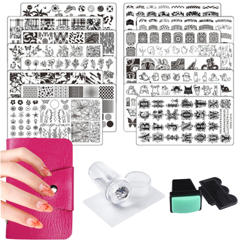 Naglu atspiedumu plākšņu komplekts, 21 gab., iekļauj 16 šablonus, 2 zīmogo, 2 skrāpji un 1 kartes maku; nerūsējošs tērauds; Finger Angel zīmols; neto svars 540 g