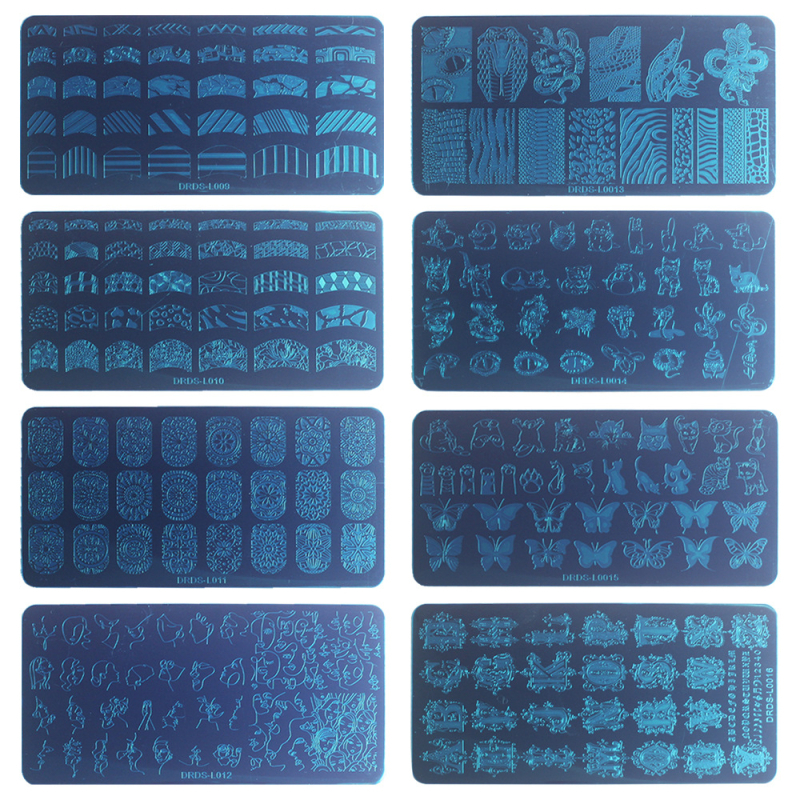 Naglu atspiedumu plākšņu komplekts, 21 gab., iekļauj 16 šablonus, 2 zīmogo, 2 skrāpji un 1 kartes maku; nerūsējošs tērauds; Finger Angel zīmols; neto svars 540 g