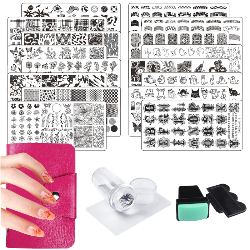 Naglu atspiedumu plākšņu komplekts, 21 gab., iekļauj 16 šablonus, 2 zīmogo, 2 skrāpji un 1 kartes maku; nerūsējošs tērauds; Finger Angel zīmols; neto svars 540 g