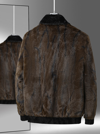 Férfi műszőrme középhosszú kabát virágos mintával, Turn-Down gallér, cipzár, laza szabás