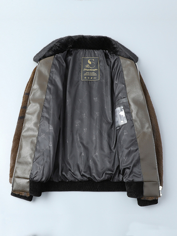 Férfi műszőrme középhosszú kabát virágos mintával, Turn-Down gallér, cipzár, laza szabás