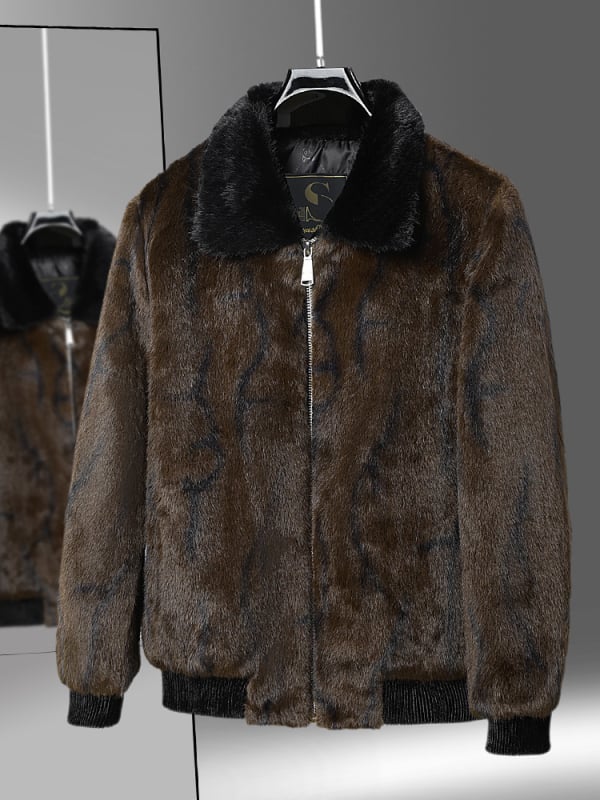 Férfi műszőrme középhosszú kabát virágos mintával, Turn-Down gallér, cipzár, laza szabás