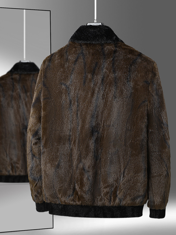 Férfi műszőrme középhosszú kabát virágos mintával, Turn-Down gallér, cipzár, laza szabás