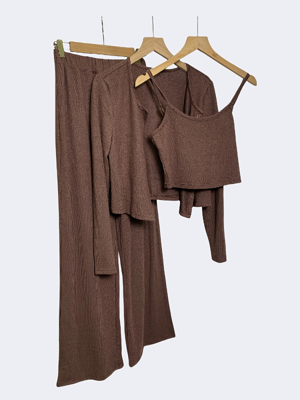 Moterų kelnių kostiumas — elegantiškas kasdienio kelionės stilius, poliesterio–spandekso mišinys, ilgos rankovės, ilgos kelnės, 2025 ruduo