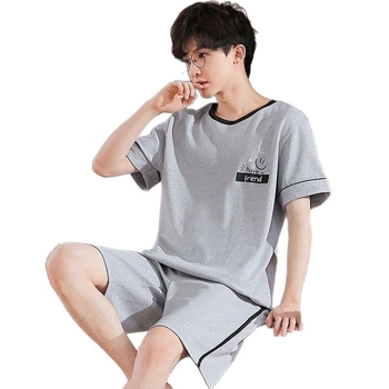 Pijamale de bărbați – bumbac, țesătură subțire, guler rotund, pantaloni scurți, antibacteriene