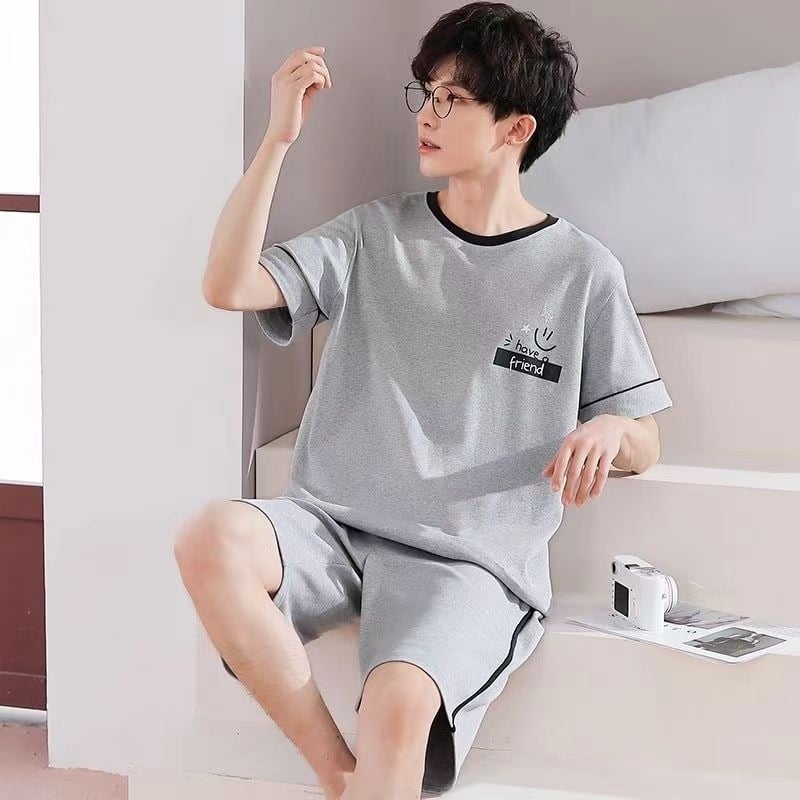 Pijamale de bărbați – bumbac, țesătură subțire, guler rotund, pantaloni scurți, antibacteriene