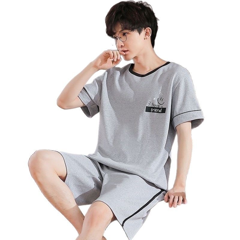 Pijamale de bărbați – bumbac, țesătură subțire, guler rotund, pantaloni scurți, antibacteriene