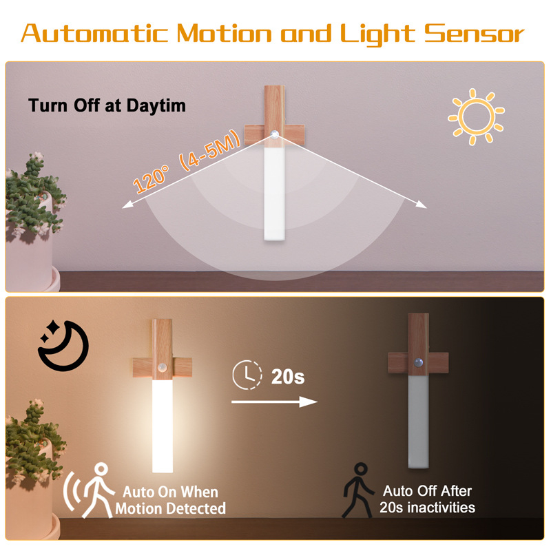 Krustveid nakts gaisma ar kustības sensoru, koka imitācija, uzlādējama LED sienas lampiņa ar magnētisku piestiprināšanu