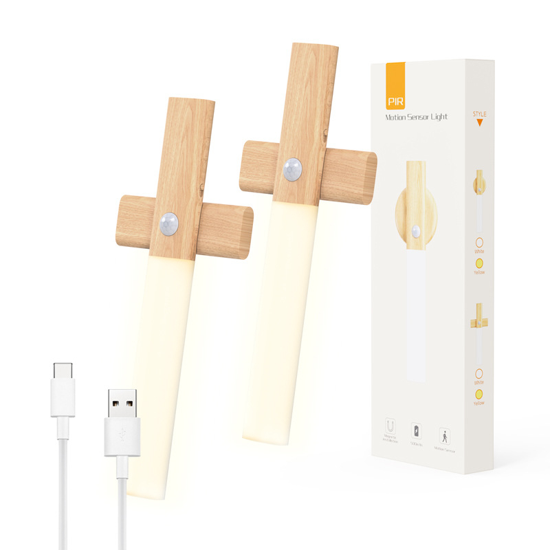 Krustveid nakts gaisma ar kustības sensoru, koka imitācija, uzlādējama LED sienas lampiņa ar magnētisku piestiprināšanu