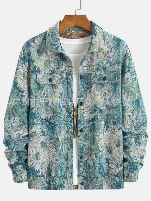 Férfi dzseki hosszú ujjú, lehajtott gallér, virágos minta, 100% poliészter, őszi 2025 kiadás