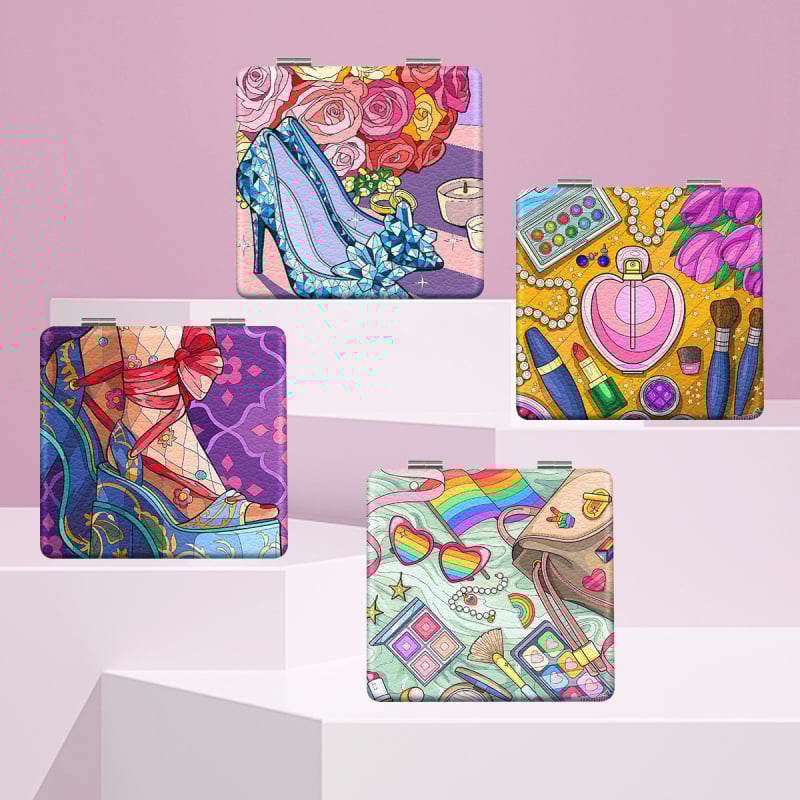 Oglindă de machiaj pliabilă NND, ramă PU/PS/PVC, PU din piele + oțel inoxidabil + sticlă PC, imprimare logo, personalizare