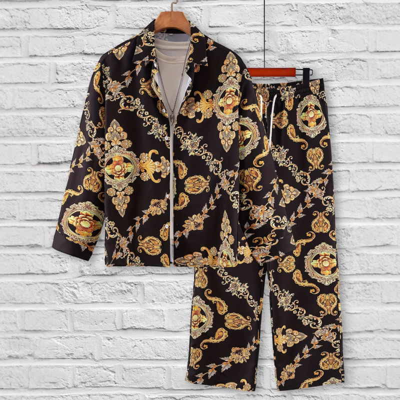 Vīriešu pidžamas komplekts ar ģeometrisku rakstu, garām Piedurknēm, brīviem biksēm, poliester 91-95%