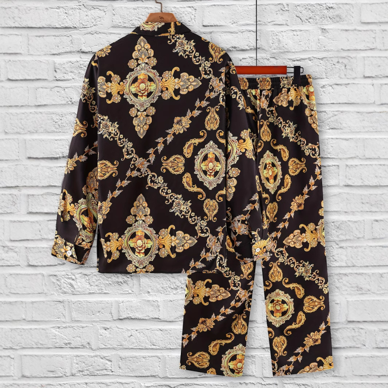 Vīriešu pidžamas komplekts ar ģeometrisku rakstu, garām Piedurknēm, brīviem biksēm, poliester 91-95%