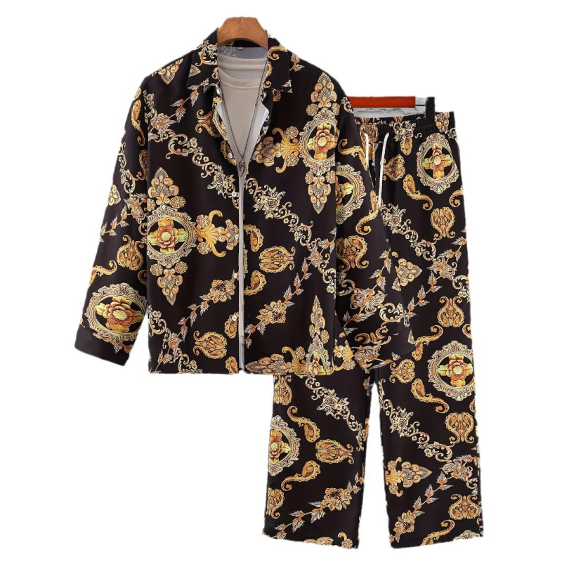 Vīriešu pidžamas komplekts ar ģeometrisku rakstu, garām Piedurknēm, brīviem biksēm, poliester 91-95%