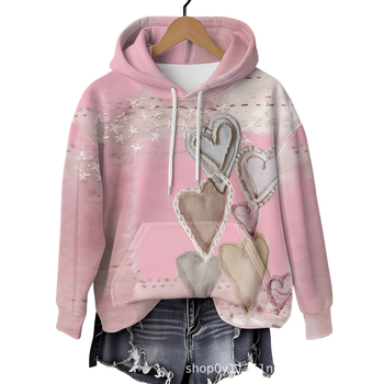 Sieviešu kapuci džemperis, pāru motīvs, Eiropas–Amerikas stils, brīvs piegriezums, 3D krāsains sirds print