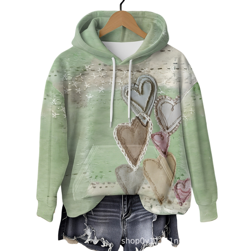 Sieviešu kapuci džemperis, pāru motīvs, Eiropas–Amerikas stils, brīvs piegriezums, 3D krāsains sirds print