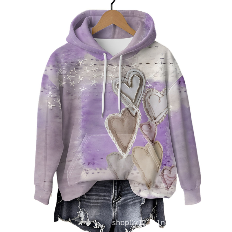 Sieviešu kapuci džemperis, pāru motīvs, Eiropas–Amerikas stils, brīvs piegriezums, 3D krāsains sirds print