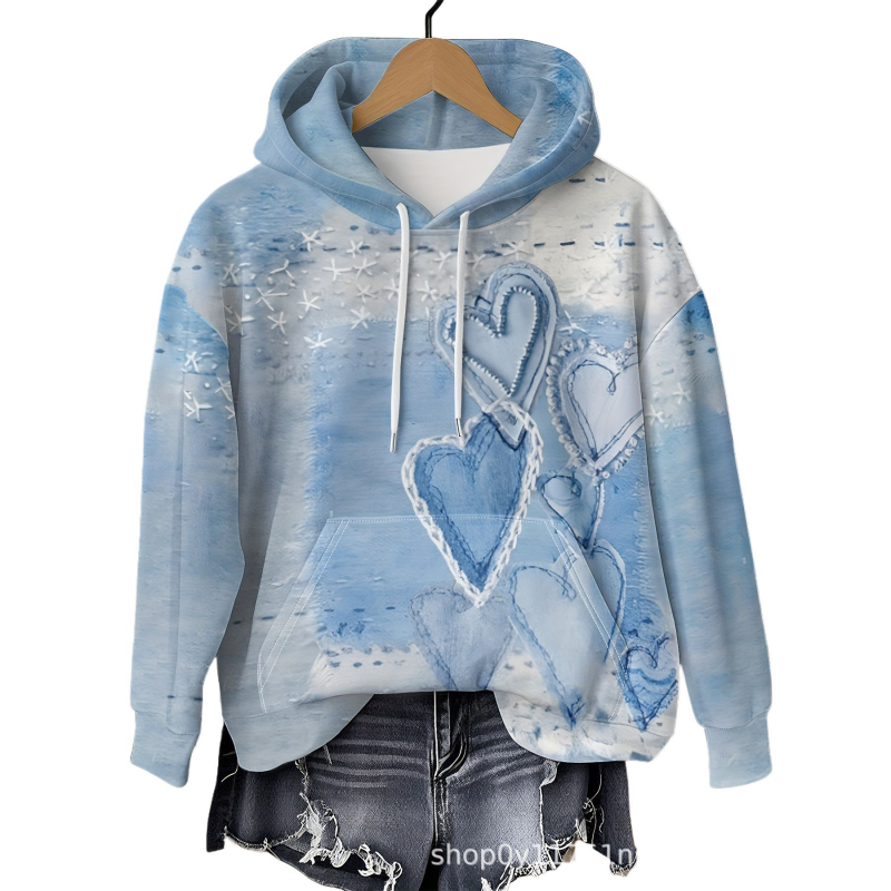 Sieviešu kapuci džemperis, pāru motīvs, Eiropas–Amerikas stils, brīvs piegriezums, 3D krāsains sirds print