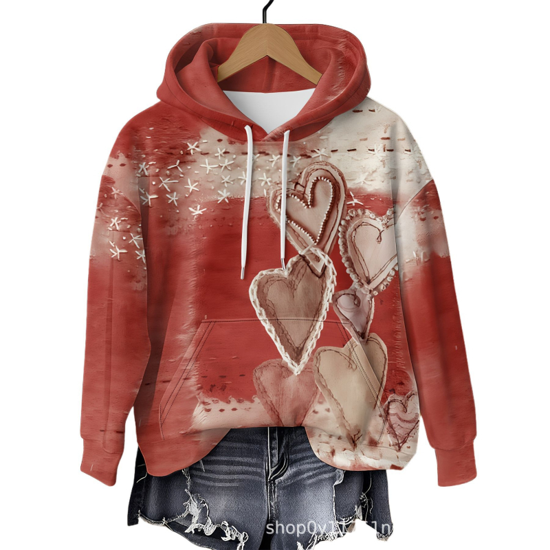 Sieviešu kapuci džemperis, pāru motīvs, Eiropas–Amerikas stils, brīvs piegriezums, 3D krāsains sirds print