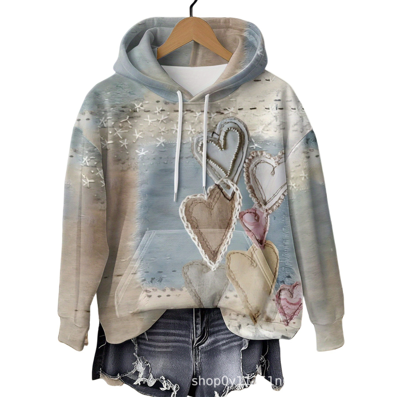 Sieviešu kapuci džemperis, pāru motīvs, Eiropas–Amerikas stils, brīvs piegriezums, 3D krāsains sirds print
