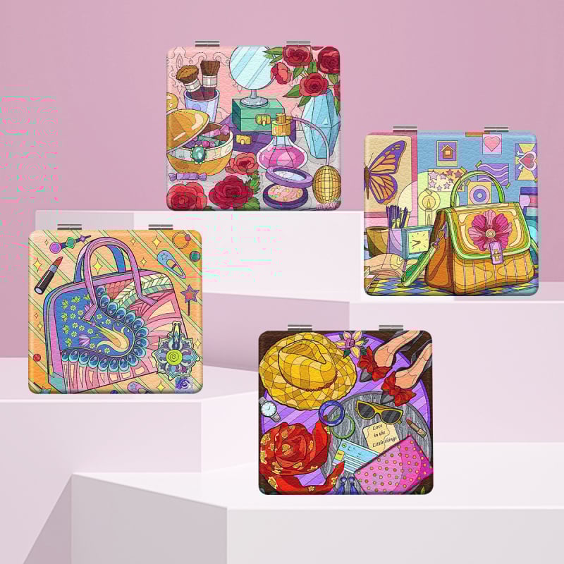 Oglindă de machiaj pliabilă, portabilă, cu design HD desen animat, ramă PU/PS/PVC, lentilă PC sticlă, imprimare logo și personalizare disponibile