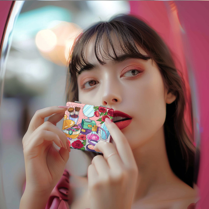 Oglindă de machiaj pliabilă, portabilă, cu design HD desen animat, ramă PU/PS/PVC, lentilă PC sticlă, imprimare logo și personalizare disponibile