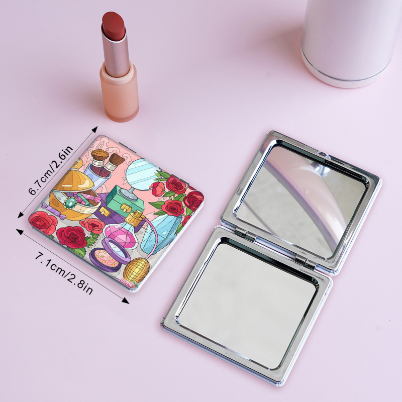 Oglindă de machiaj pliabilă, portabilă, cu design HD desen animat, ramă PU/PS/PVC, lentilă PC sticlă, imprimare logo și personalizare disponibile