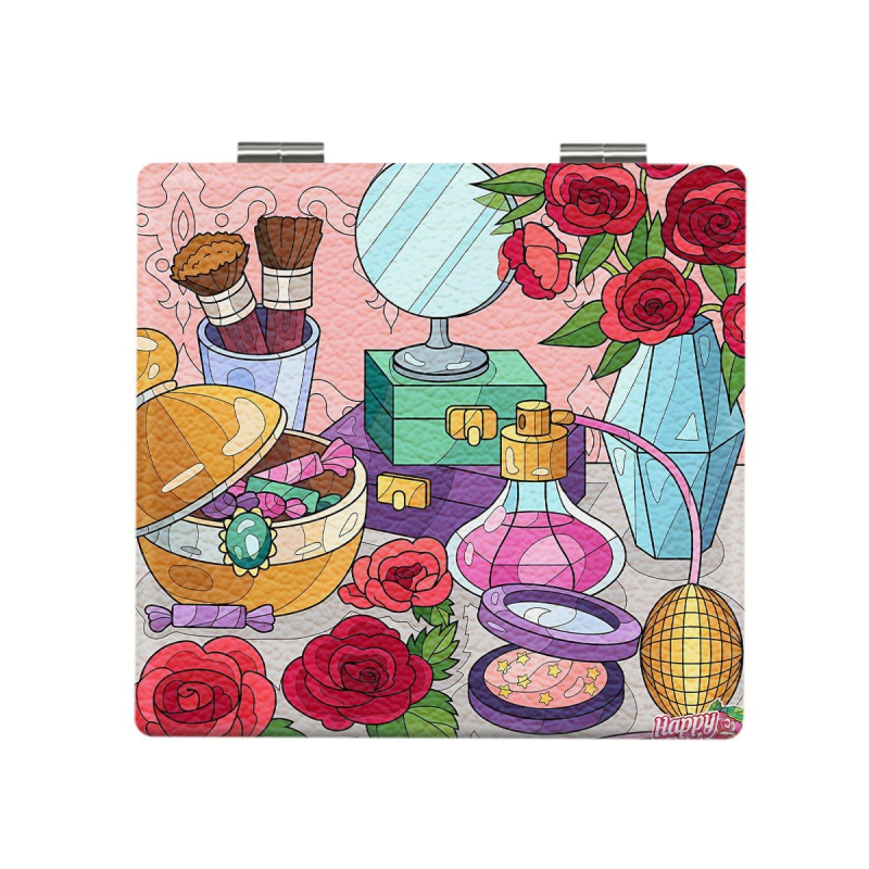 Oglindă de machiaj pliabilă, portabilă, cu design HD desen animat, ramă PU/PS/PVC, lentilă PC sticlă, imprimare logo și personalizare disponibile